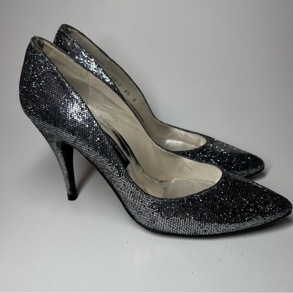 Stuart Weitzman Heels Pointed Toe Pumps Sparkle Glitter Bridal Glam Leather 8.5B - Picture 4 of 12